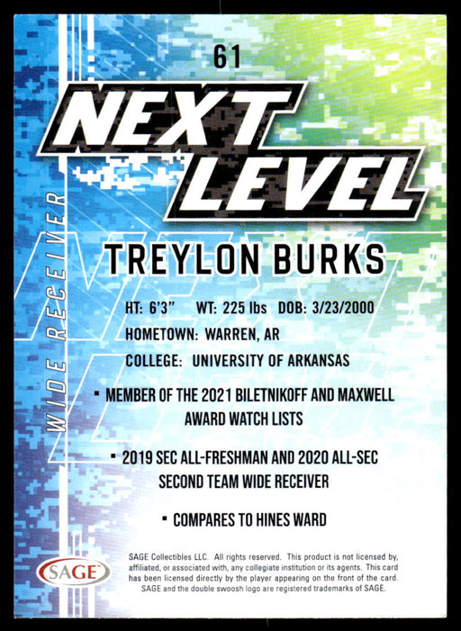 Treylon Burks 2022 Sage Low Series Next Level Back of Card