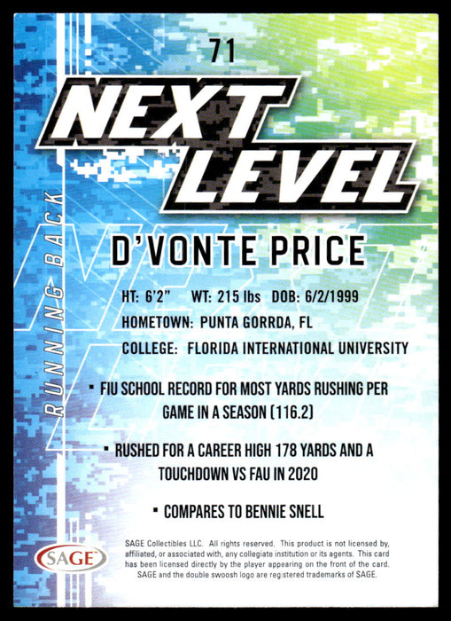 D'Vonte Price 2022 Sage Low Series Next Level Back of Card