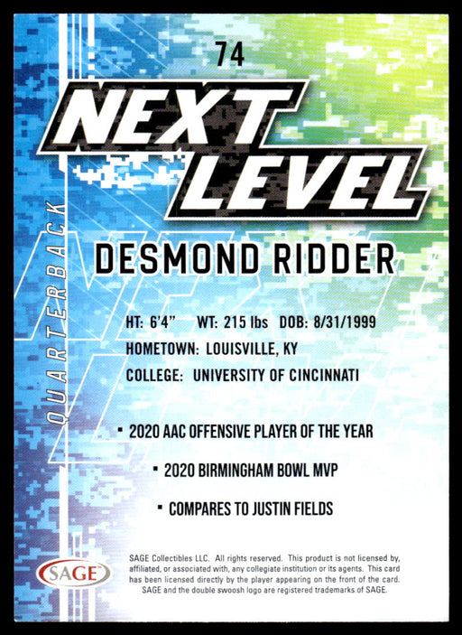 Desmond Ridder 2022 Sage Low Series Next Level Back of Card