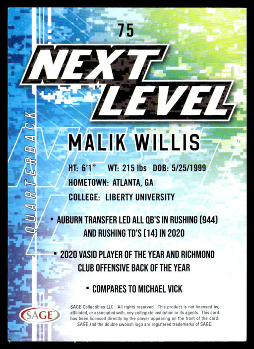 Malik Wilis 2022 Sage Low Series Next Level Back of Card