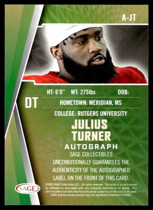 Julius Turner 2022 Sage Low Series Autographs Back of Card