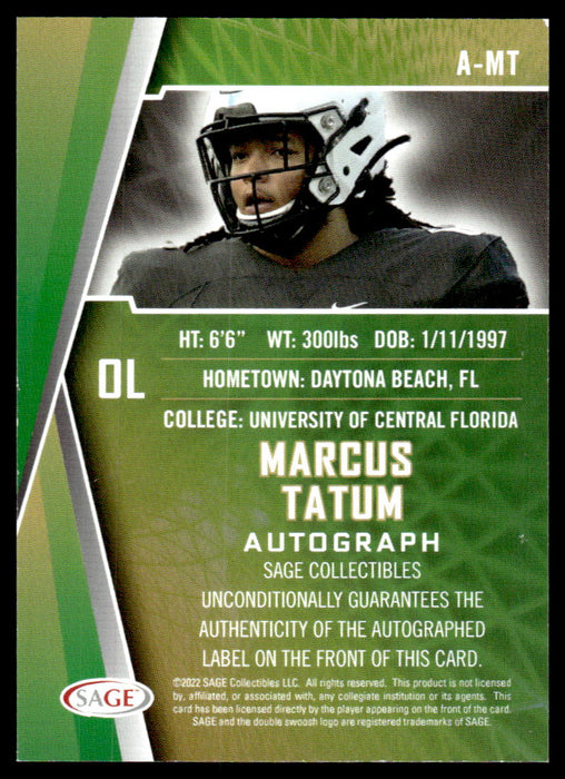 Marcus Tatum 2022 Sage Low Series Autographs Back of Card