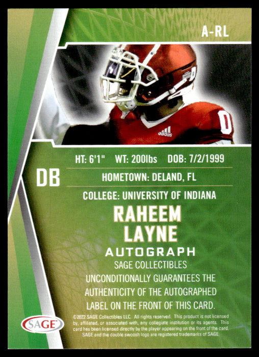 Raheem Layne 2022 Sage Low Series Autographs Back of Card