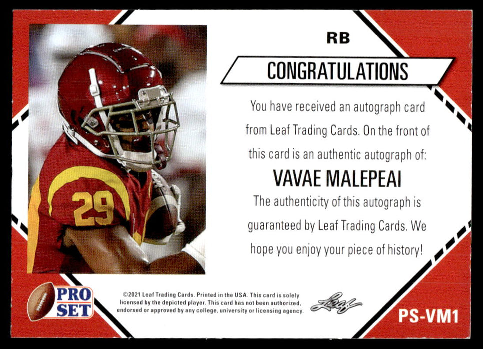 Vavae Malepeai 2021 Leaf Pro Set College Football Auto White Back of Card