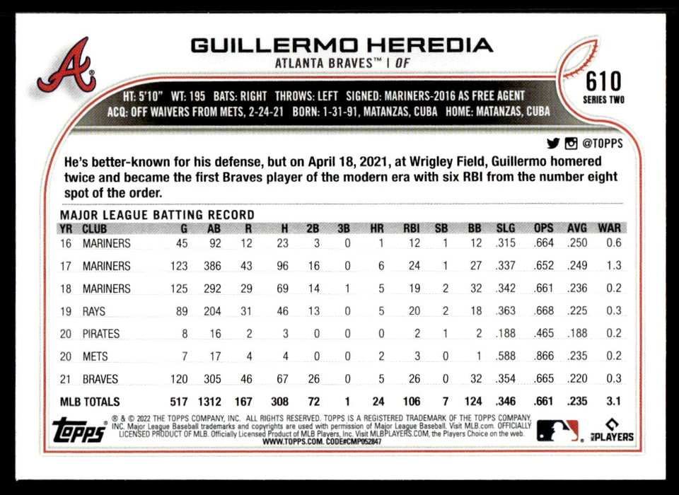 Guillermo Heredia 2022 Topps Series 2 Baseball # 610 Atlanta Braves Ba -  Collectible Craze America
