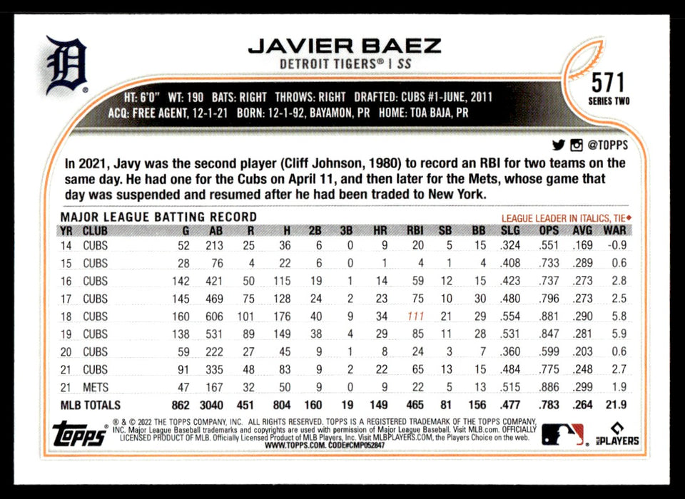 Javier Baez 2022 Topps Fire Baseball # 51 Detroit Tigers Base - Collectible  Craze America