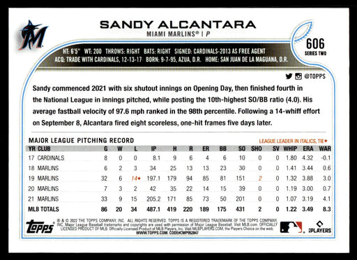 Sandy Alcantara 2022 Topps Series 2 Baseball # 606 Miami Marlins