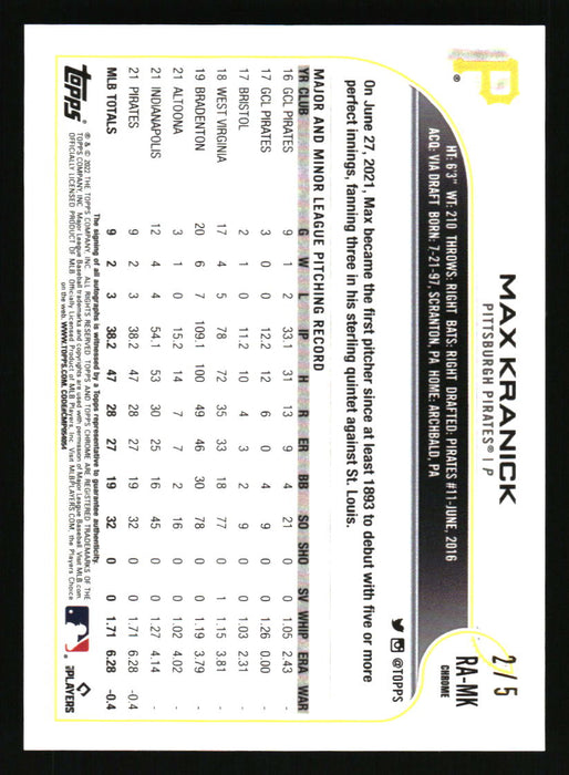 Max Kranick 2022 Topps Chrome Back of Card