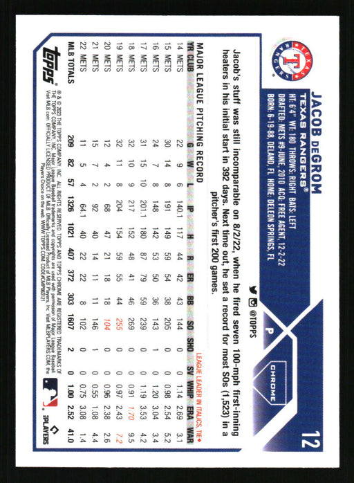 Jacob deGrom 2023 Topps Chrome Back of Card