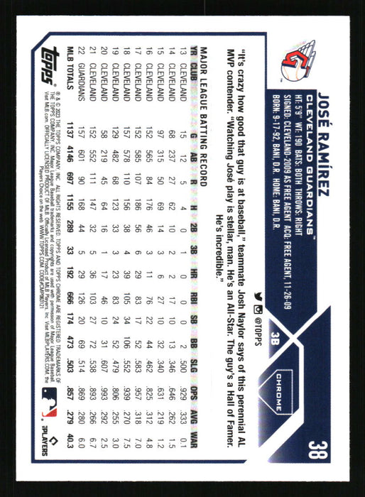 Jose Ramirez 2023 Topps Chrome Back of Card