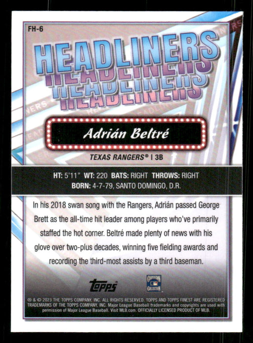 Adrian Beltre 2023 Topps Finest Finest Headliners Back of Card