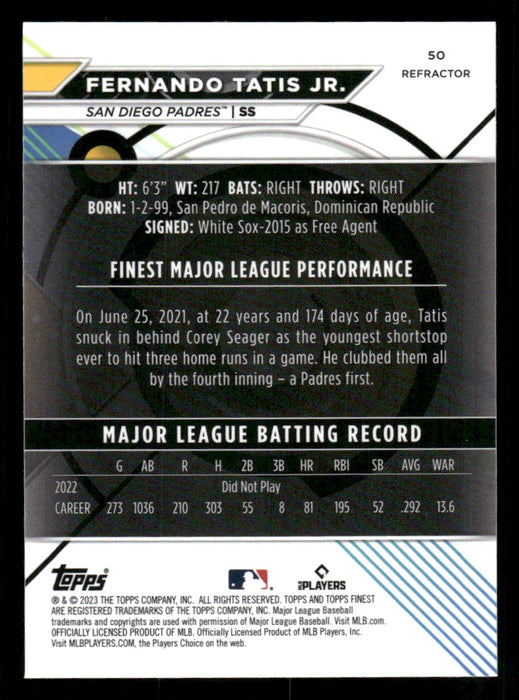 Fernando Tatis Jr. 2023 Topps Finest Refractor Back of Card