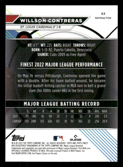 Willson Contreras 2023 Topps Finest Refractor Back of Card