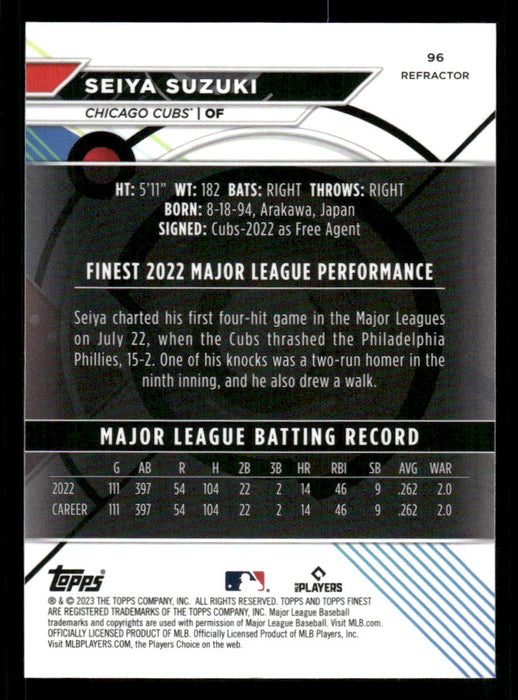 Seiya Suzuki 2023 Topps Finest Refractor Back of Card