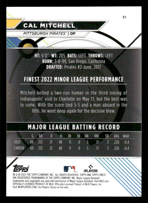 Cal Mitchell 2023 Topps Finest Blue Refractor Back of Card