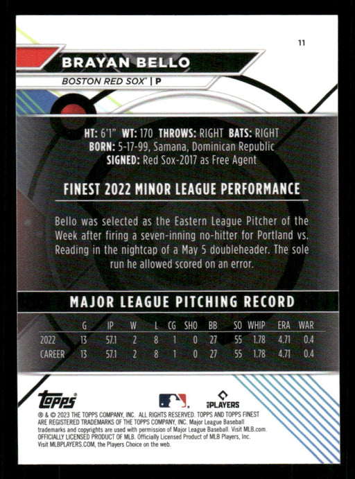 Brayan Bello 2023 Topps Finest Base Back of Card