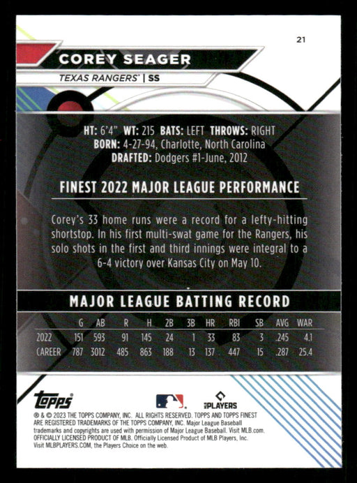 Corey Seager 2023 Topps Finest Base Back of Card