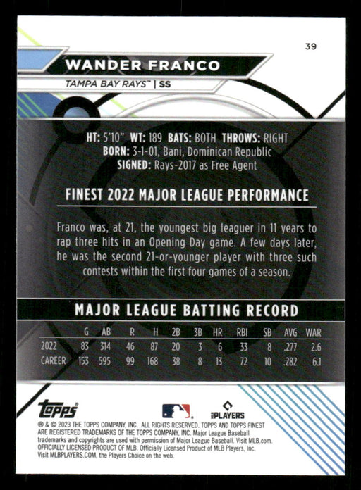 Wander Franco 2023 Topps Finest Base Back of Card