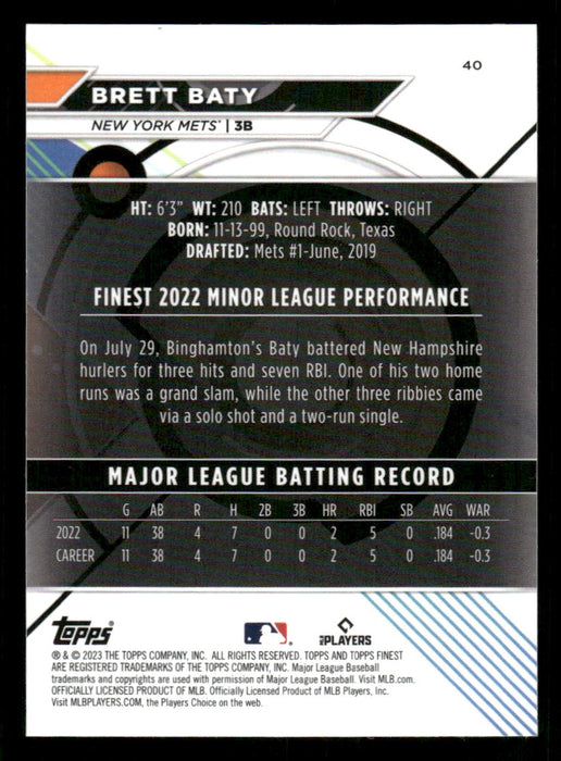 Brett Baty 2023 Topps Finest Base Back of Card
