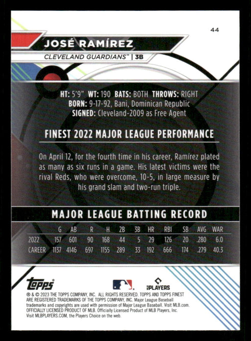 Jose Ramirez 2023 Topps Finest Base Back of Card