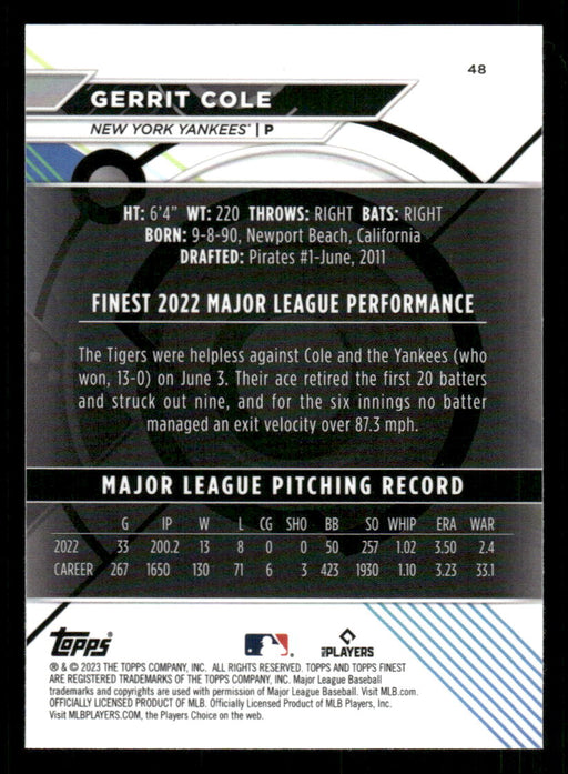 Gerrit Cole 2023 Topps Finest Base Back of Card