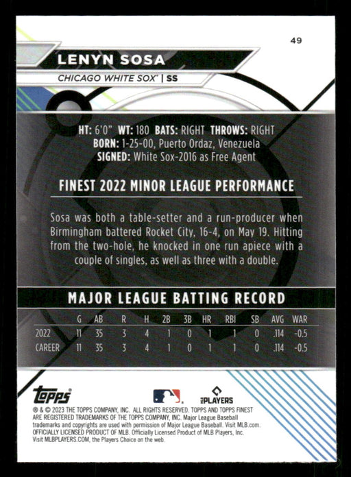 Lenyn Sosa 2023 Topps Finest Base Back of Card