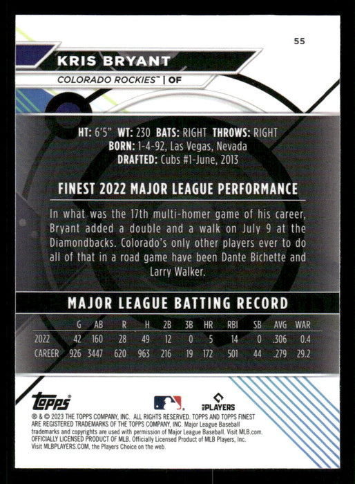 Kris Bryant 2023 Topps Finest Base Back of Card