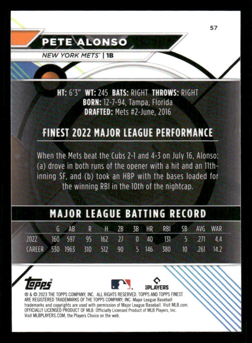 Pete Alonso 2023 Topps Finest Base Back of Card