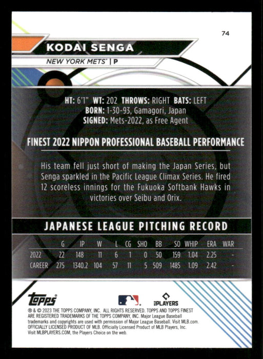 Kodai Senga 2023 Topps Finest Base Back of Card