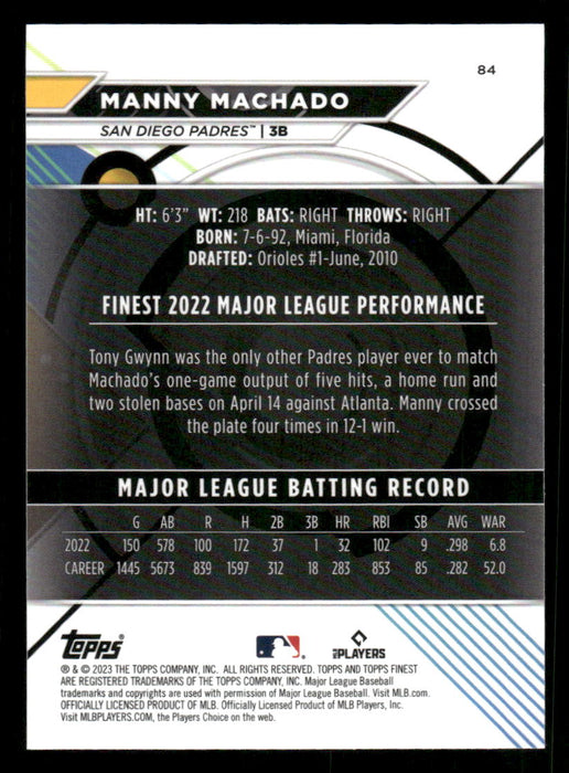 Manny Machado 2023 Topps Finest Base Back of Card