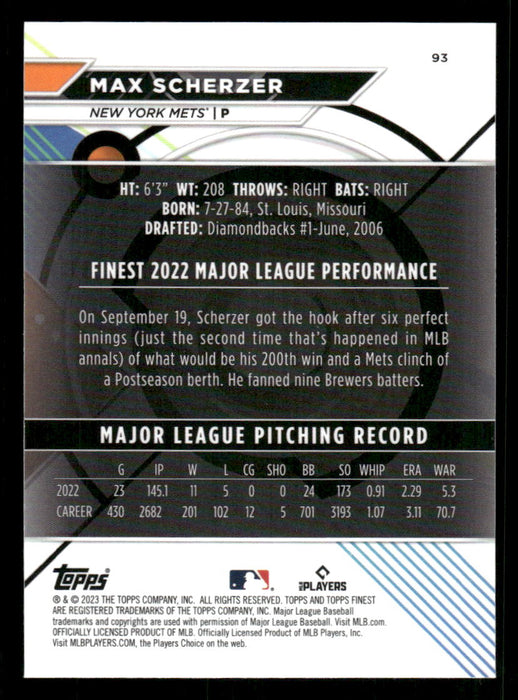 Max Scherzer 2023 Topps Finest Base Back of Card