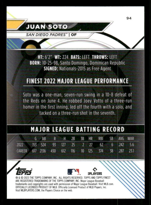 Juan Soto 2023 Topps Finest Base Back of Card