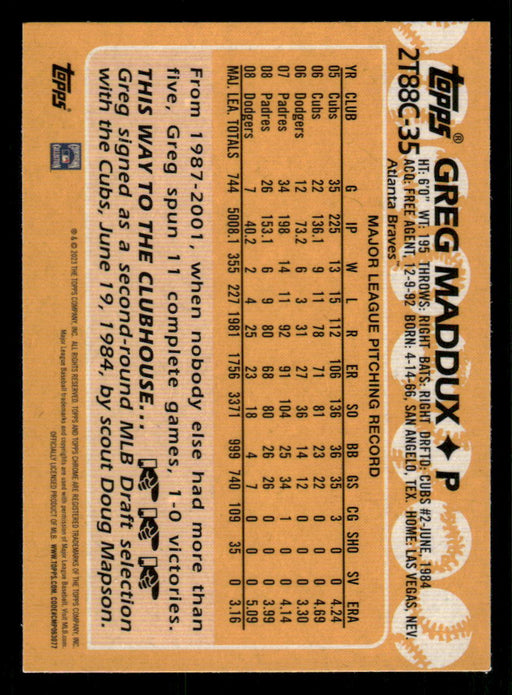 Greg Maddux 2023 Topps Series 2 Back of Card