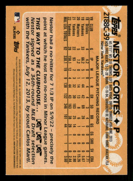 Nestor Cortes 2023 Topps Series 2 Back of Card