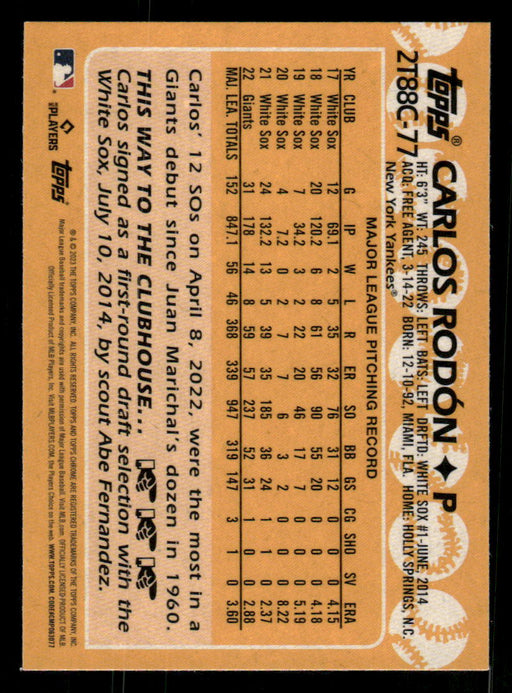 Carlos Rodon 2023 Topps Series 2 Back of Card