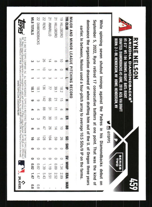 Ryne Nelson 2023 Topps Series 2 Back of Card