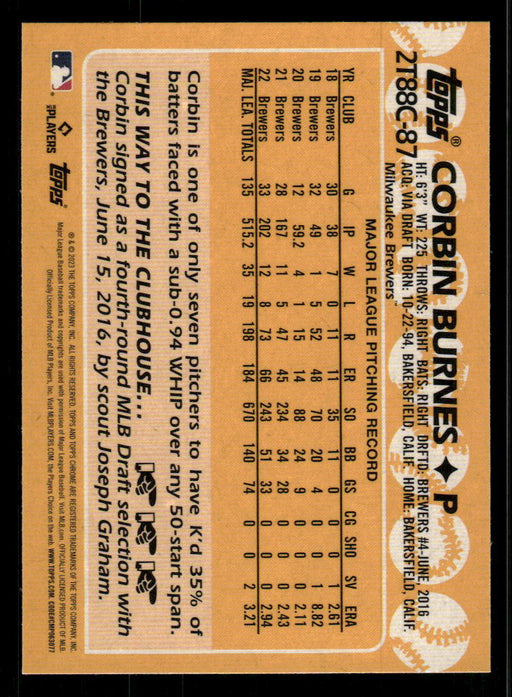 Corbin Burnes 2023 Topps Series 2 Back of Card