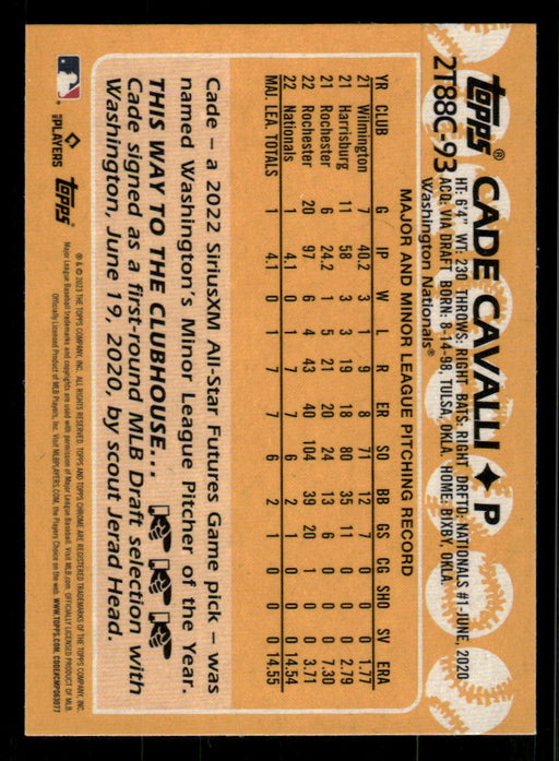 Cade Cavalli 2023 Topps Series 2 Back of Card