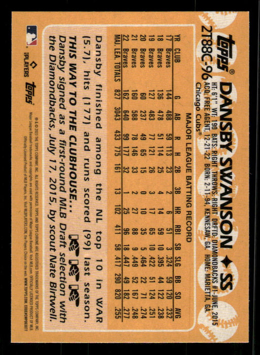 Dansby Swanson 2023 Topps Series 2 Back of Card