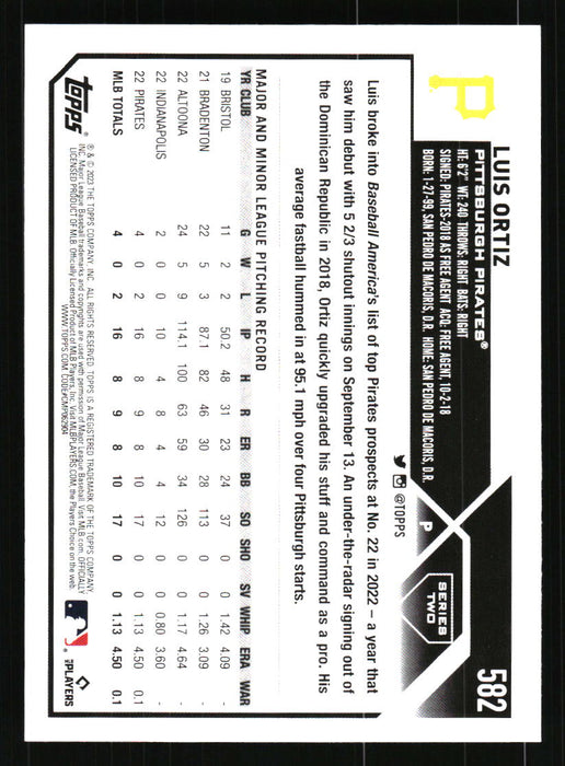 Luis Ortiz 2023 Topps Series 2 Back of Card