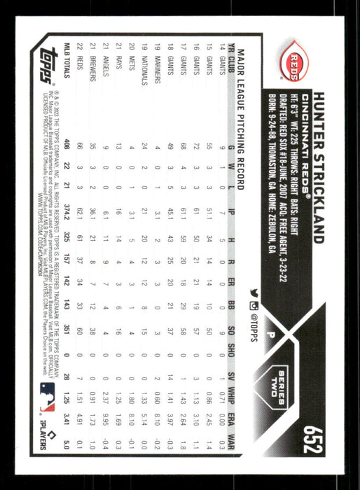 Hunter Strickland 2023 Topps Series 2 Back of Card