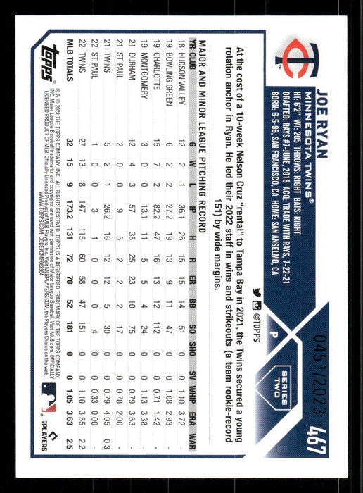 Joe Ryan 2023 Topps Series 2 Back of Card