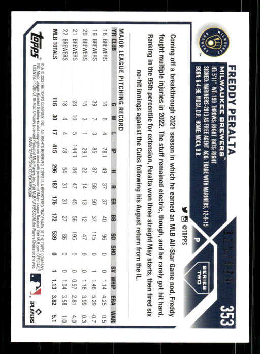 2023 Topps Series 2 # 353 Freddy Peralta Green Rainbow Foil 325/499 Mi —  Collectible Craze America