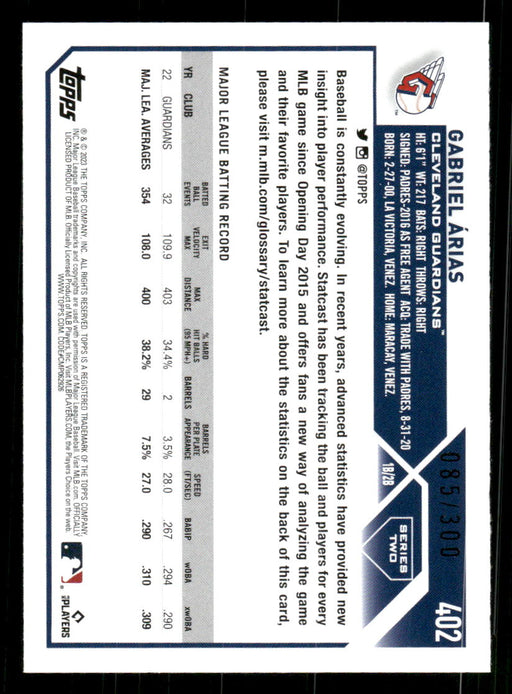 Gabriel Arias 2023 Topps Series 2 Back of Card