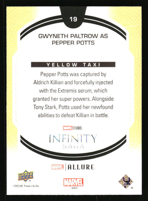 Gwyneth Paltrow as Pepper Potts 2022 Upper Deck Marvel Allure Back of Card