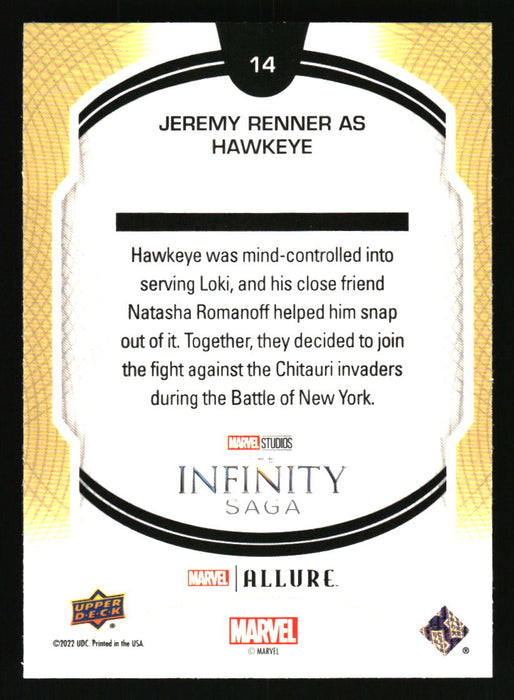 Jeremy Renner as Hawkeye 2022 Upper Deck Marvel Allure Back of Card