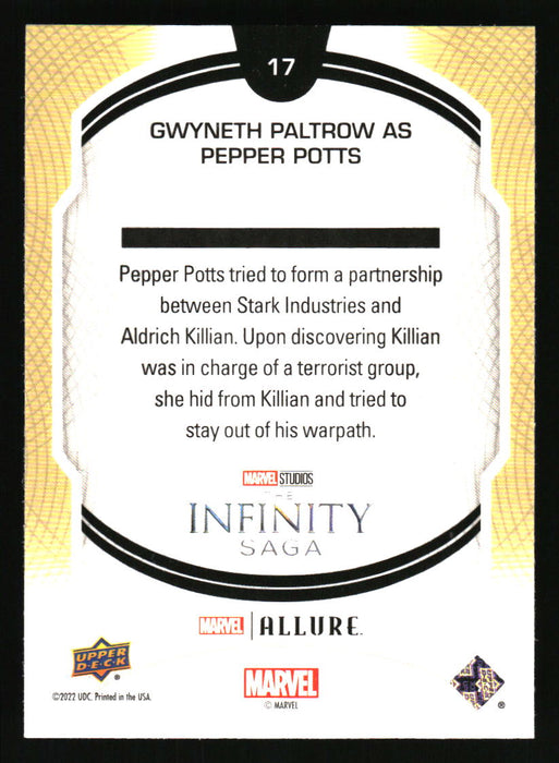 Gwyneth Paltrow as Pepper Potts 2022 Upper Deck Marvel Allure Back of Card