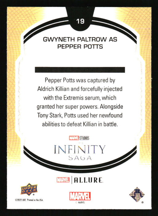 Gwyneth Paltrow as Pepper Potts 2022 Upper Deck Marvel Allure Back of Card