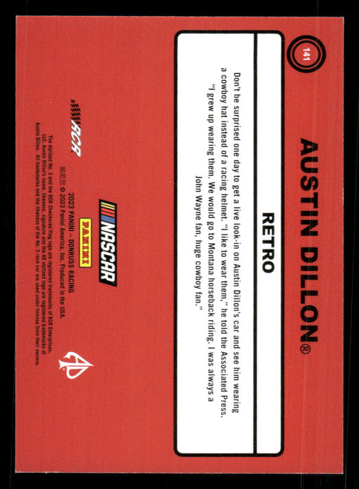 Austin Dillon 2023 Panini Donruss Racing Red Retro 1990 Back of Card