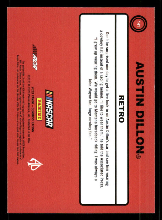 Austin Dillon 2023 Panini Donruss Racing Red Retro 1990 Back of Card